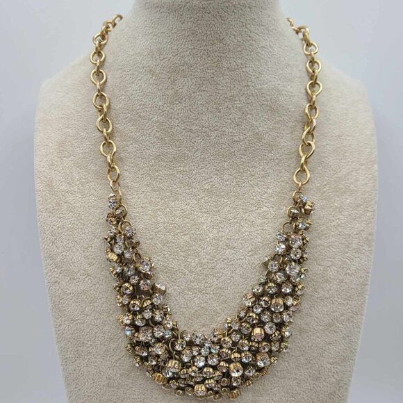 J Crew Clear Crystal Gold Tone Bib Necklace Vintage - Picture 1 of 12